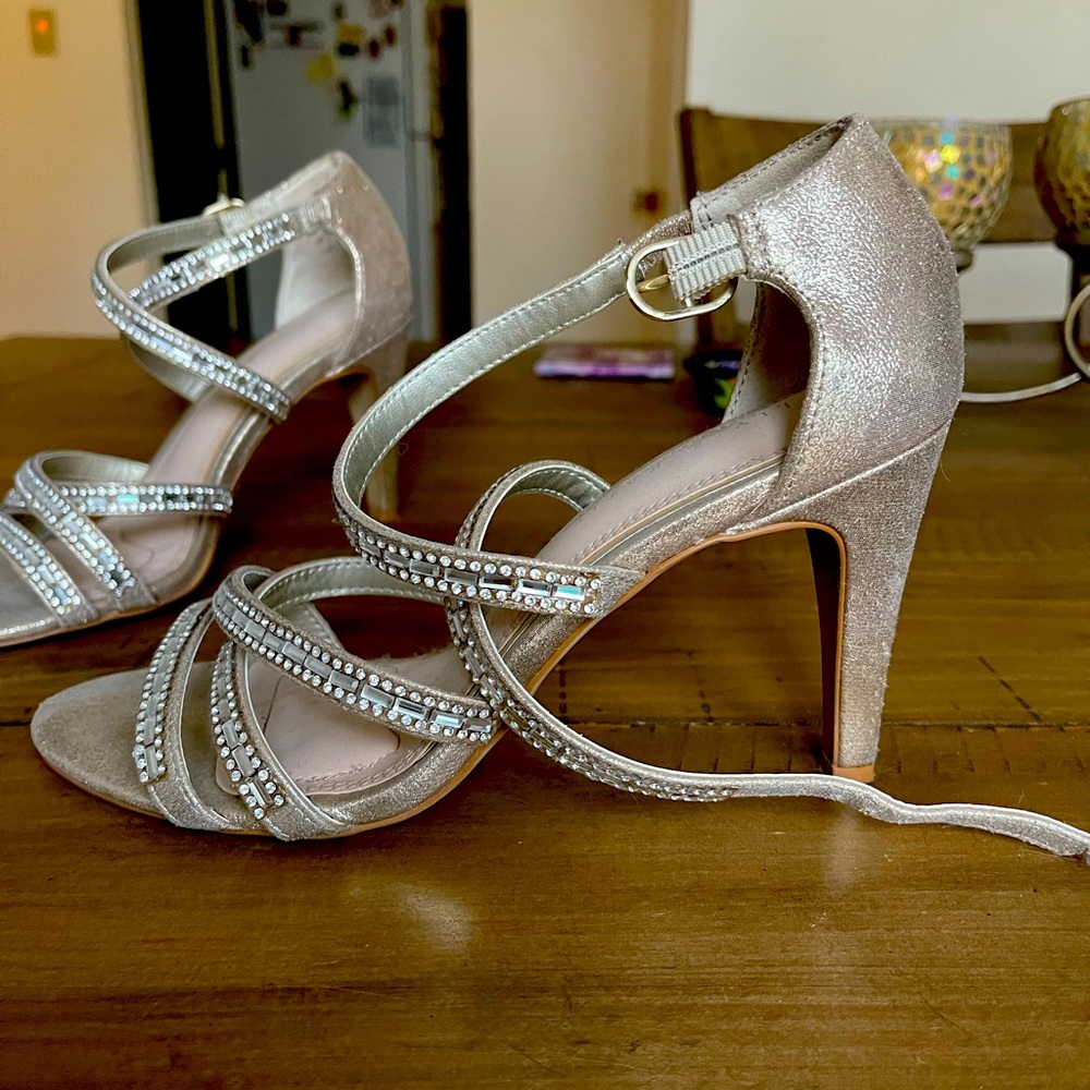 Silvery Gold Rhinestoned Heels
